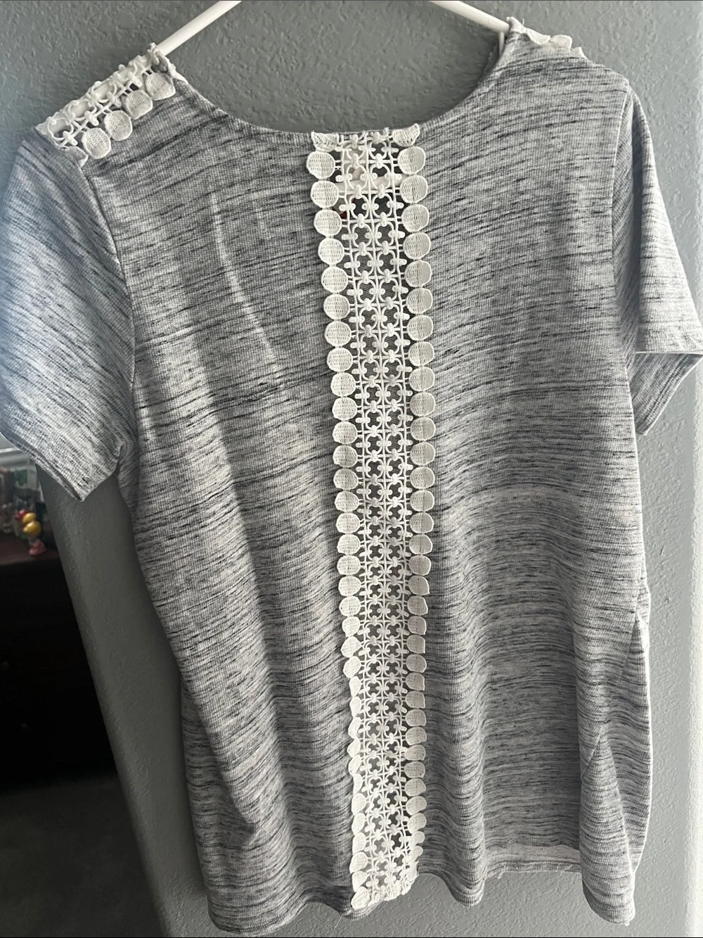 Gray Heather Short Sleeve Tee with Lace Shoulder Detail